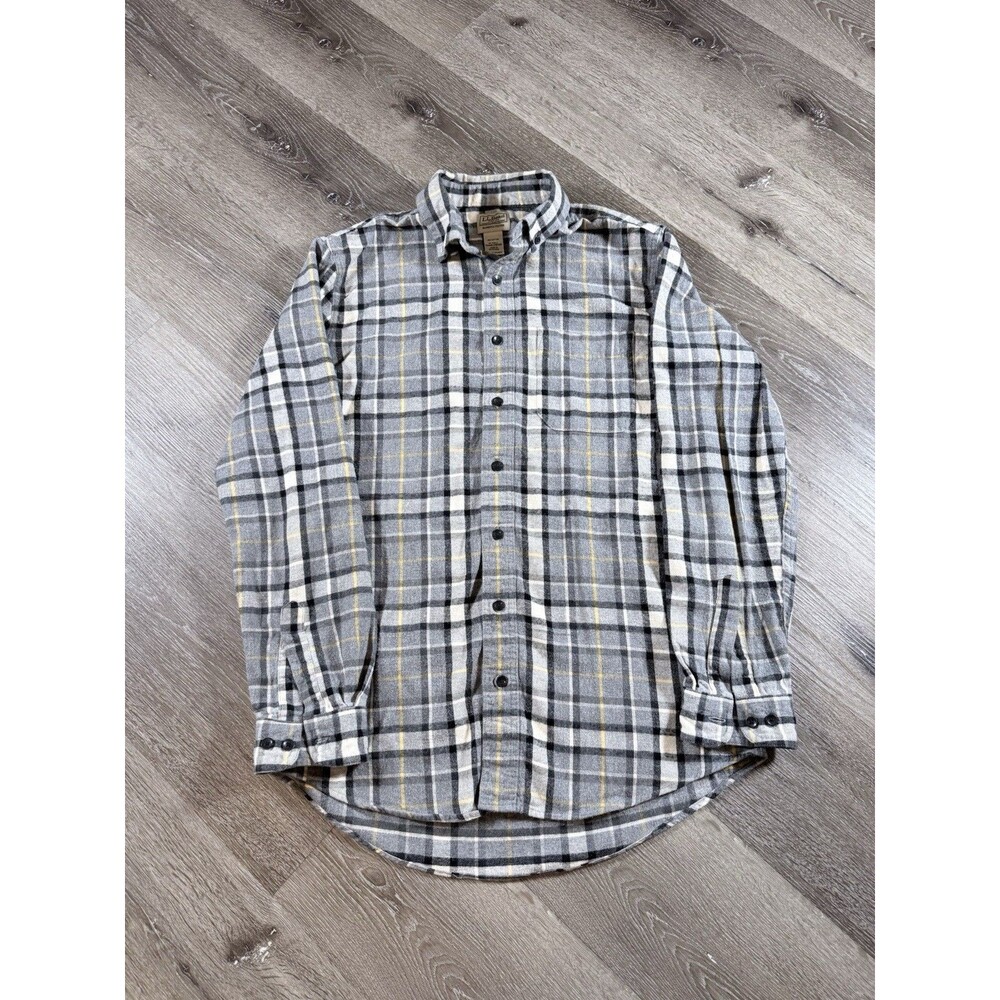 LL Bean Shirt Mens Tall Large Scotch Plaid Gray Flannel Yarn Dyed Tartan